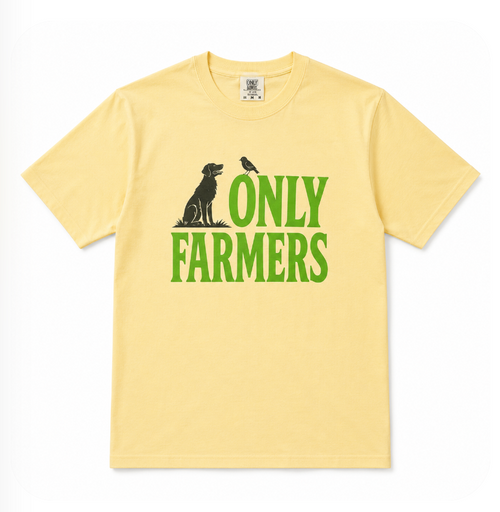 Yellow t-shirt with 'Only Farmers' logo on a white background